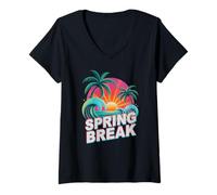 Donna Retro Spring Break Beach Please Trip Vacanze Crociera Spiaggia Maglietta con Collo a V