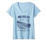 Donna Retro State Michigan Camicia Est 1837 Great Detroit Lakes Maglietta con Collo a V