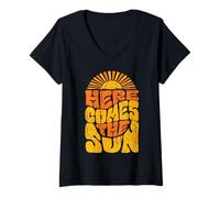 Donna Retro Summer Beach Vibe Vacation Here Comes Sun Vintage Maglietta con Collo a V