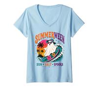 Donna retrò Summerween Surfing Ghost Beach Halloween Ocean Vibes Maglietta con Collo a V