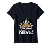 Donna Retro Sunset Redwood National Park California Escursionismo Campeggio Maglietta con Collo a V