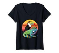 Donna Retro Sunset Toco Toucan Iguana Toucans Maglietta con Collo a V