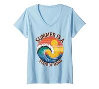 Donna Retro Sunset Wave Summer Is A State of Mind Surf Beach Maglietta con Collo a V