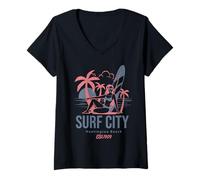 Donna Retro Surf City, Huntington Beach, California Maglietta con Collo a V