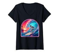 Donna Retro Surfer Riding Vibrant Ocean Wave Maglietta con Collo a V
