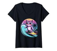 Donna Retro Surfing Cat, Anni '80, Synthwave Summer Beach Vibes Maglietta con Collo a V