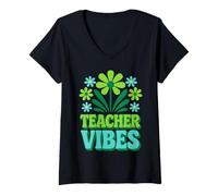 Donna Retro Teacher Vibes Flower Power Ritorno a scuola Maglietta con Collo a V