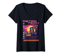 Donna Retro Tech Synthwave Vecchio stile Radio senza fili Portatile Maglietta con Collo a V