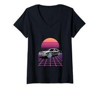 Donna Retro Time Rider - Colorful Grid Future Car Art Maglietta con Collo a V