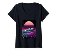 Donna Retro Time Rider - Colorful Grid Future Car Art Maglietta con Collo a V