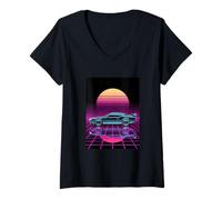 Donna Retro Time Rider - Colorful Grid Future Car Art Maglietta con Collo a V