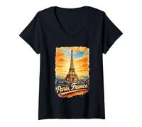Donna Retro Torre Eiffel Parigi Francia Acquerello Souvenir Maglietta con Collo a V