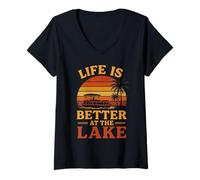 Donna Retro Tramonto Life is Better at the Lake Vintage Pontoon Boat Maglietta con Collo a V