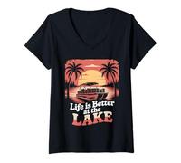 Donna Retro Tramonto Life is Better at the Lake Vintage Pontoon Boat Maglietta con Collo a V