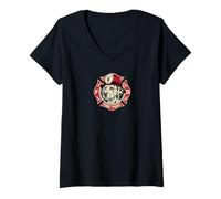 Donna Retro Vigile del Fuoco Dalmata Cane Casco Fire Dept Emblema Maglietta con Collo a V