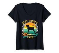 Donna Retro Vintage Best Puggle Mommy Ever Maglietta con Collo a V