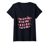 Donna Retro Vintage Bubbly Hi It's Me I'm The Bride Annuncio Maglietta con Collo a V
