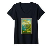 Donna Retro Vintage Cliffs of Moher Galway Irlanda IRE Art Graphic Maglietta con Collo a V
