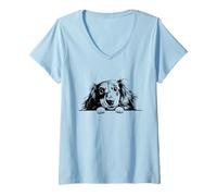 Donna Retro Vintage Logo Black Long Haired Dachshund Dog Lover Maglietta con Collo a V