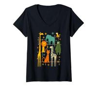 Donna Retro Vintage Mid-Century Look Moderno Zoo Animali 50s 60s Maglietta con Collo a V