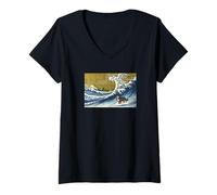 Donna Retro Vintage Surfing a Wave Bernese Mountain Dog Lover Maglietta con Collo a V