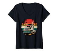 Donna Retro Vintage Tramonto Semi Truck Driver Design Trucking Gift Maglietta con Collo a V