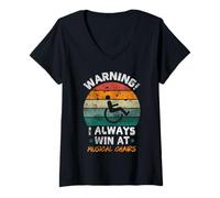 Donna Retro Warning I Win At Musical Sedie Disabili Sedia a rotelle Maglietta con Collo a V