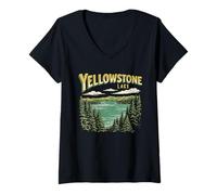 Donna Retro Yellowstone National Park Lake Vintage Style 80s Maglietta con Collo a V
