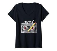 Donna Rewind Audiocassetta Nostalgia Anni '80 '90 Musica Retrò Maglietta con Collo a V