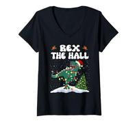 Donna Rex The Hall Trex Dinosaur Christmas Santa Hat Funny Xmas Maglietta con Collo a V