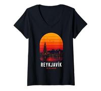 Donna Reykjavik Islanda Retro Nordic Northern Lights Montagne Sci Maglietta con Collo a V
