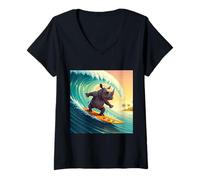 Donna Rhino on a surfboard Maglietta con Collo a V