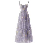 Donna Ricamo Floreale Tulle Abiti Da Ballo, Corsetto Lungo Spaghetti Fata Ruggine Abito Da Sera Formale Vestito Da Festa, Tè viola, 40