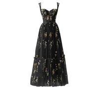 Donna Ricamo Floreale Tulle Abiti Da Ballo, Corsetto Lungo Spaghetti Fata Ruggine Abito Da Sera Formale Vestito Da Festa, Nero , 50