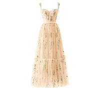 Donna Ricamo Floreale Tulle Abiti Da Ballo, Corsetto Lungo Spaghetti Fata Ruggine Abito Da Sera Formale Vestito Da Festa, champagne, 42