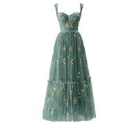 Donna Ricamo Floreale Tulle Abiti Da Ballo, Corsetto Lungo Spaghetti Fata Ruggine Abito Da Sera Formale Vestito Da Festa, verde scuro, 44