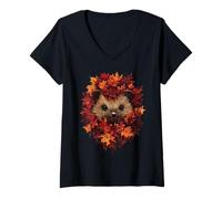 Donna Riccio autunno foglie autunno natura amante carino foresta animale Maglietta con Collo a V