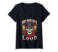 Donna Ride Hard Rock Teschio Loud con Grafica Rose Biker Thunder Maglietta con Collo a V