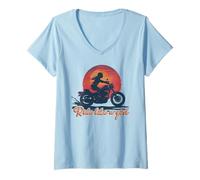 Donna Ride Like a Girl Vintage Tramonto Moto Amante Ragazza Maglietta con Collo a V