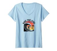 Donna Ride the Vibe - Maglietta retrò con grafica Surf Wave Sunset Maglietta con Collo a V