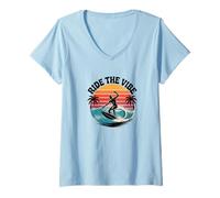Donna Ride the Vibe T-Shirt - Retro Surf Wave Sunset Graphic Tee Maglietta con Collo a V