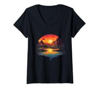 Donna Riflessione al tramonto sulle montagne maestose Maglietta con Collo a V