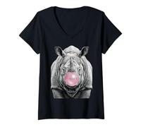 Donna Rinoceronte Che soffia Rosa Bubblegum Bubble Art Maglietta con Collo a V