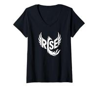 Donna Rise Phoenix Word Art - Rebirth Strength & Fire Design Maglietta con Collo a V
