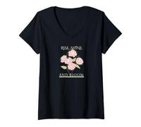 Donna Rise Shine Bloom - Motivazione Floreale Ispirazione Self Care Maglietta con Collo a V