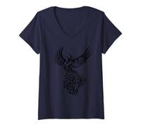 Donna Rising from Antartico Ashes Nero Artistico Phoenix Illustrazione Maglietta con Collo a V