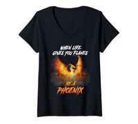 Donna Rising Phoenix Flames Fuoco Uccello Rinascita Mitico Amante Regalo Maglietta con Collo a V