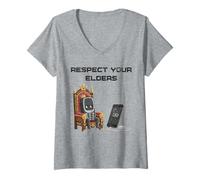 Donna Rispetta i Tuoi Anziani Vintage Old Phone vs Smartphone Maglietta con Collo a V
