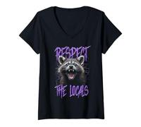 Donna Rispetta la gente del posto divertente Raccoon Street Cat Maglietta con Collo a V