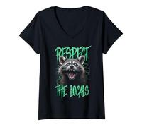 Donna Rispetta la gente del posto divertente Raccoon Street Cat Maglietta con Collo a V